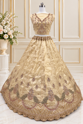 Light Yellow Color Crystal Beads,Multi Thread,Dori And Sequins Work Silk_Blend Lehnega Choli 3