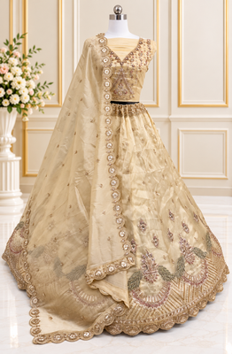 Light Yellow Color Crystal Beads,Multi Thread,Dori And Sequins Work Silk_Blend Lehnega Choli 4
