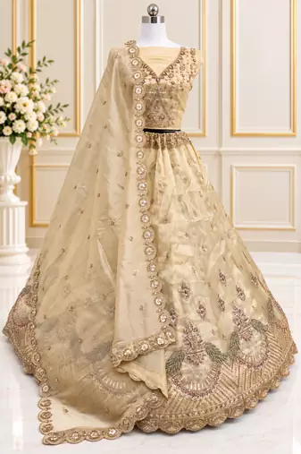 Light Yellow Color Crystal Beads,Multi Thread,Dori And Sequins Work Silk_Blend Lehnega Choli