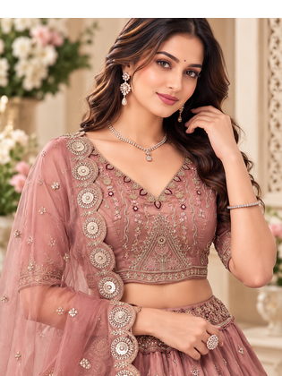 Mauve Color Crystal Beads,Multi Thread,Dori And Sequins Work Silk_Blend Lehnega Choli 2