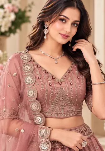 Mauve Color Crystal Beads,Multi Thread,Dori And Sequins Work Silk_Blend Lehnega Choli