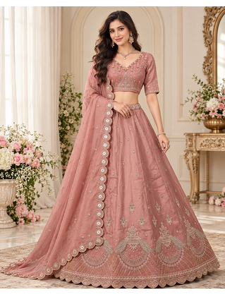 Mauve Color Crystal Beads,Multi Thread,Dori And Sequins Work Silk_Blend Lehnega Choli 1