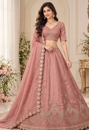 Mauve Color Crystal Beads,Multi Thread,Dori And Sequins Work Silk_Blend Lehnega Choli