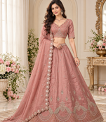Mauve Color Crystal Beads,Multi Thread,Dori And Sequins Work Silk_Blend Lehnega Choli