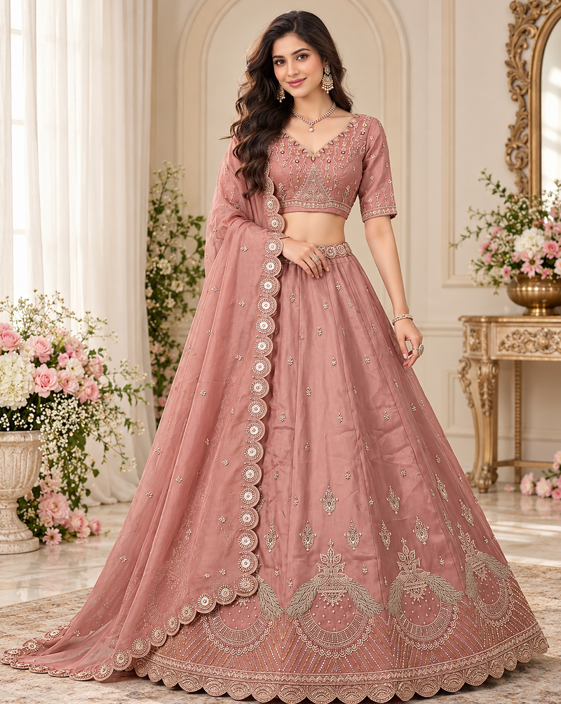 Mauve Color Crystal Beads,Multi Thread,Dori And Sequins Work Silk_Blend Lehnega Choli