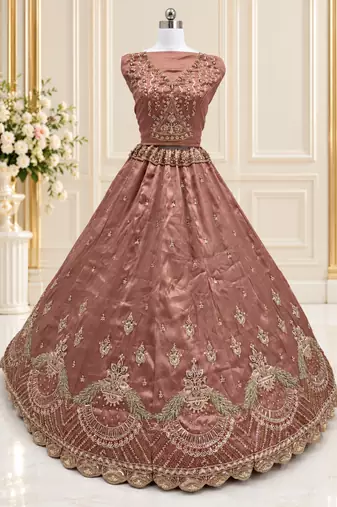 Mauve Color Crystal Beads,Multi Thread,Dori And Sequins Work Silk_Blend Lehnega Choli