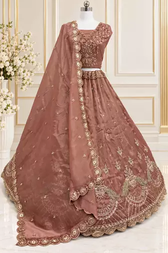 Mauve Color Crystal Beads,Multi Thread,Dori And Sequins Work Silk_Blend Lehnega Choli