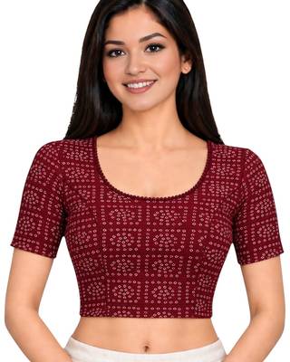 Maroon cotton spandex bandhani printed stretchable readymade saree blouse 1