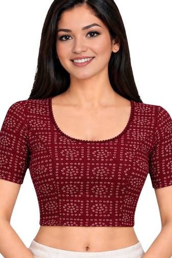 Maroon cotton spandex bandhani printed stretchable readymade saree blouse
