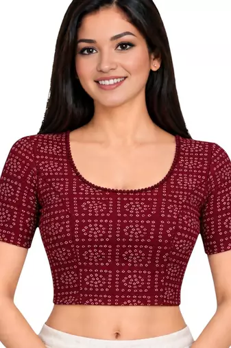 Maroon cotton spandex bandhani printed stretchable readymade saree blouse