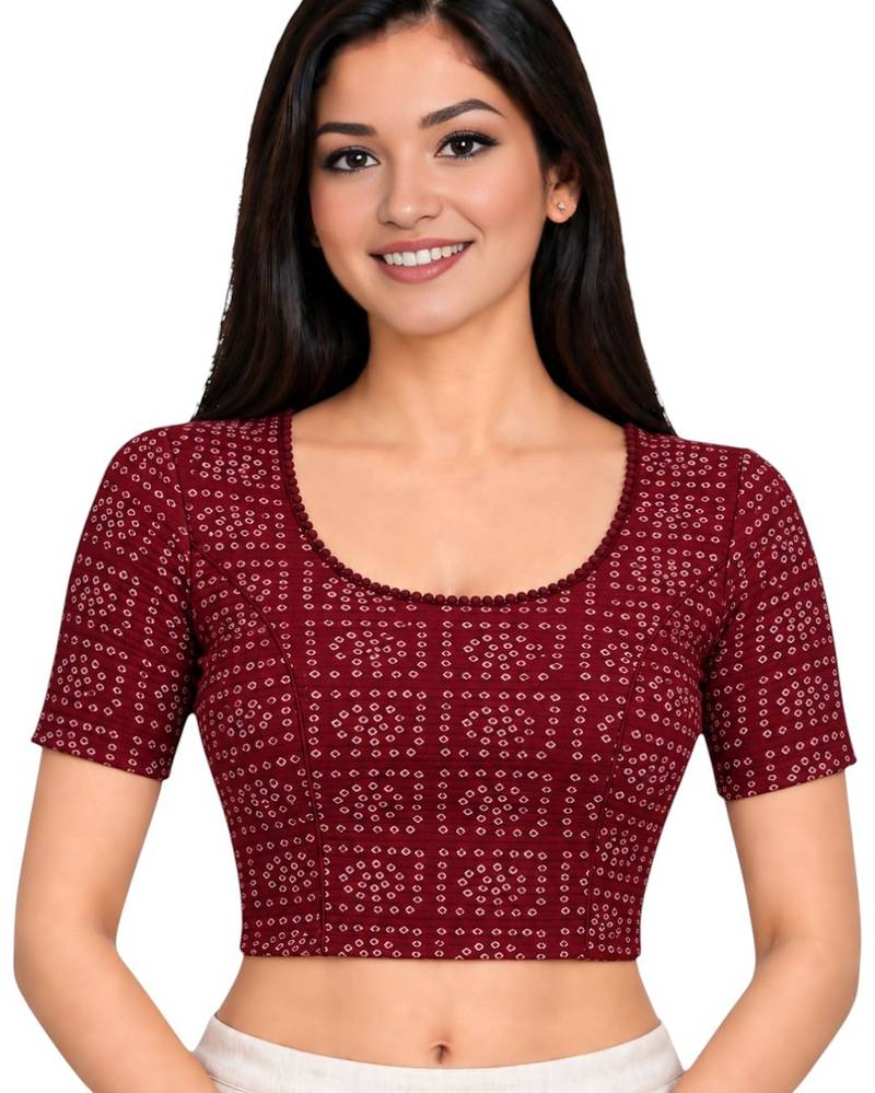 Maroon cotton spandex bandhani printed stretchable readymade saree blouse