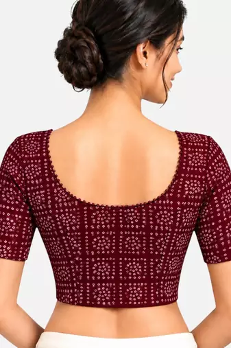 Maroon cotton spandex bandhani printed stretchable readymade saree blouse