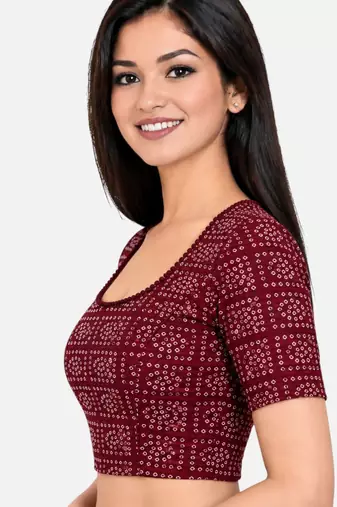 Maroon cotton spandex bandhani printed stretchable readymade saree blouse