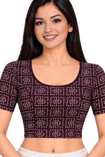 Wine cotton spandex bandhani printed stretchable readymade saree blouse