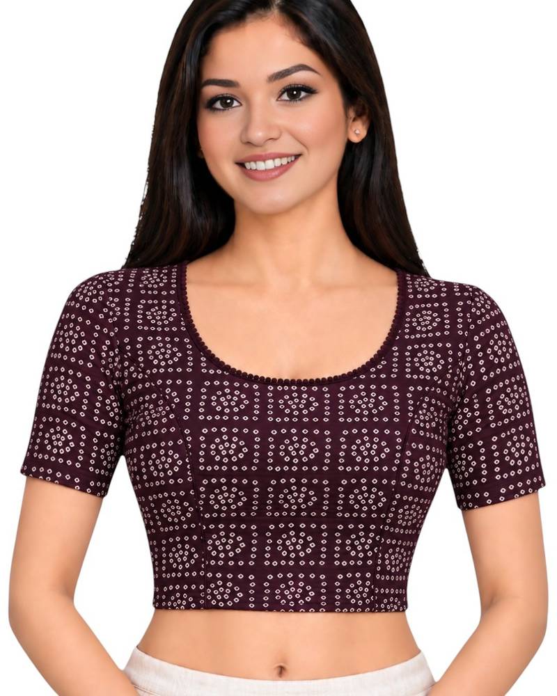 Wine cotton spandex bandhani printed stretchable readymade saree blouse