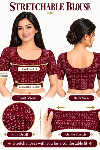 Maroon cotton spandex bandhani printed stretchable readymade saree blouse
