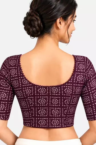 Wine cotton spandex bandhani printed stretchable readymade saree blouse
