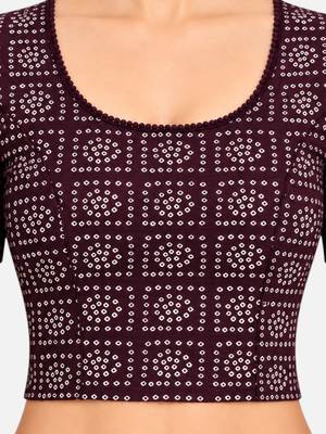 Wine cotton spandex bandhani printed stretchable readymade saree blouse 4