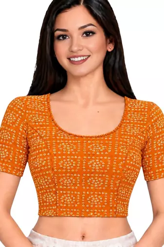 Orange cotton spandex bandhani printed stretchable readymade saree blouse