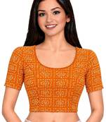 Orange cotton spandex bandhani printed stretchable readymade saree blouse