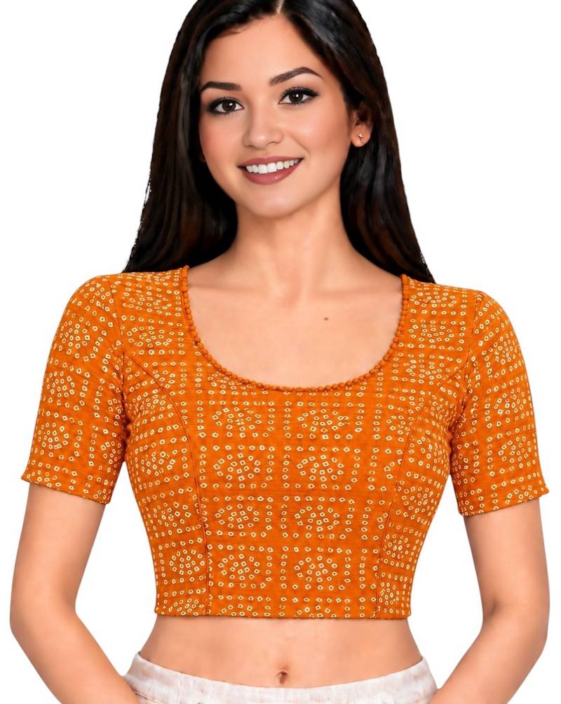 Orange cotton spandex bandhani printed stretchable readymade saree blouse