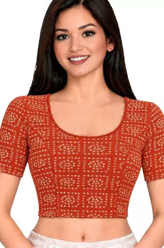 Orange cotton spandex bandhani printed stretchable readymade saree blouse