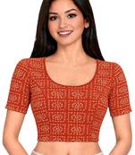 Orange cotton spandex bandhani printed stretchable readymade saree blouse