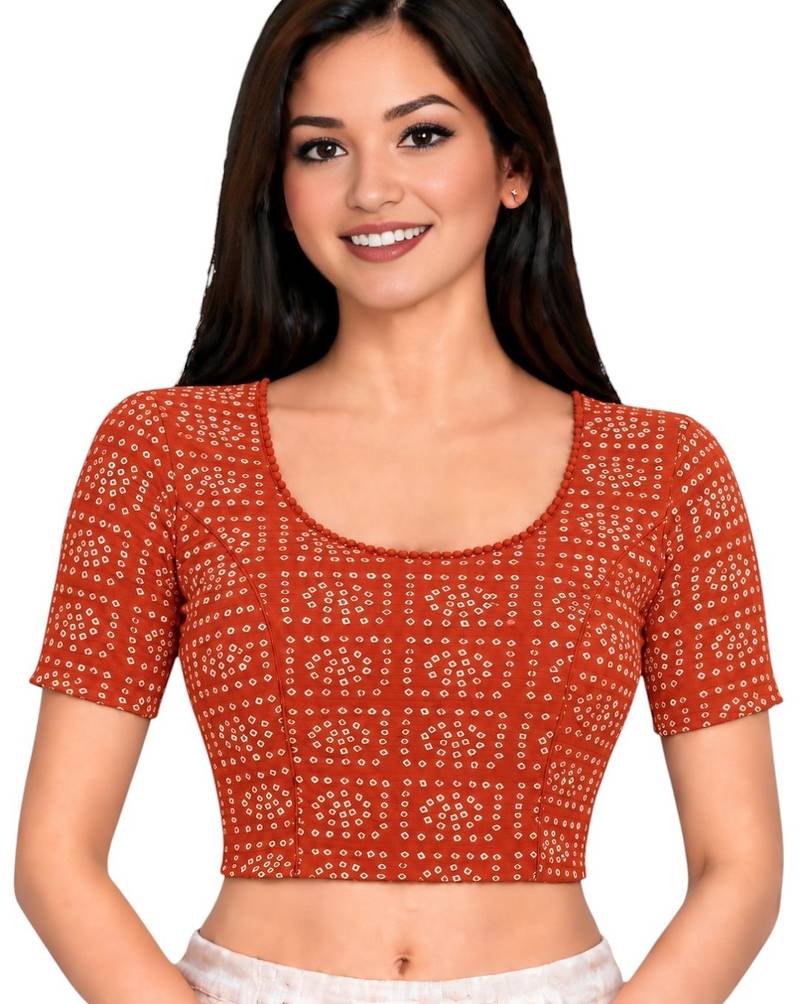 Orange cotton spandex bandhani printed stretchable readymade saree blouse
