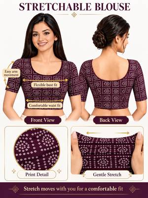 Wine cotton spandex bandhani printed stretchable readymade saree blouse 5