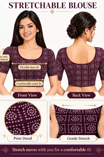 Wine cotton spandex bandhani printed stretchable readymade saree blouse