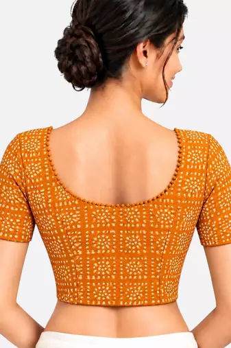 Orange cotton spandex bandhani printed stretchable readymade saree blouse