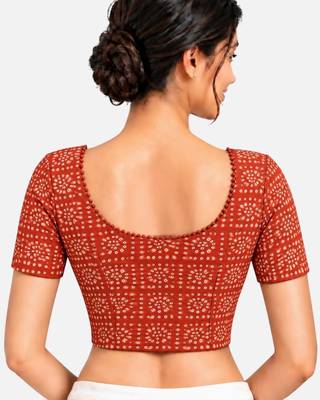 Orange cotton spandex bandhani printed stretchable readymade saree blouse 2
