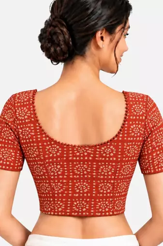 Orange cotton spandex bandhani printed stretchable readymade saree blouse