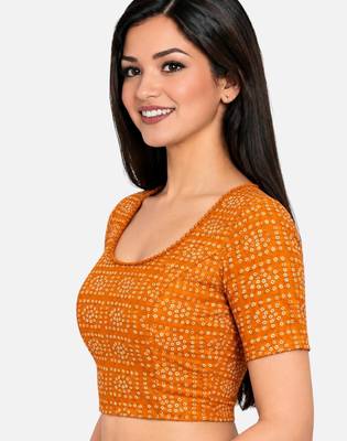 Orange cotton spandex bandhani printed stretchable readymade saree blouse 3