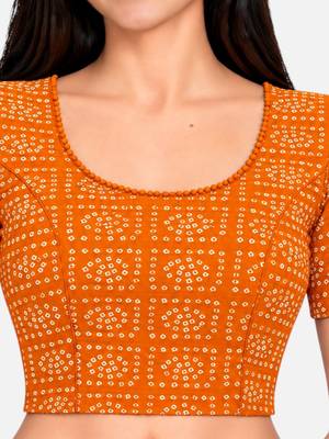 Orange cotton spandex bandhani printed stretchable readymade saree blouse 4