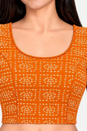 Orange cotton spandex bandhani printed stretchable readymade saree blouse