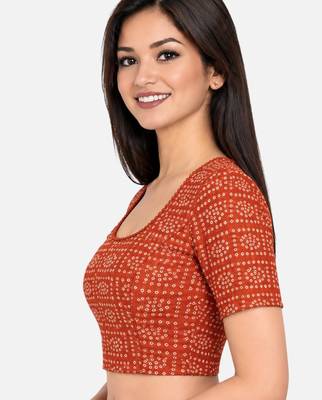 Orange cotton spandex bandhani printed stretchable readymade saree blouse 3