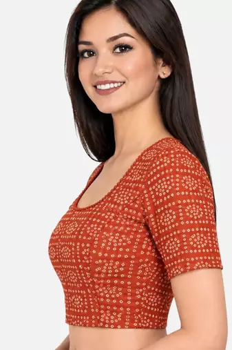 Orange cotton spandex bandhani printed stretchable readymade saree blouse
