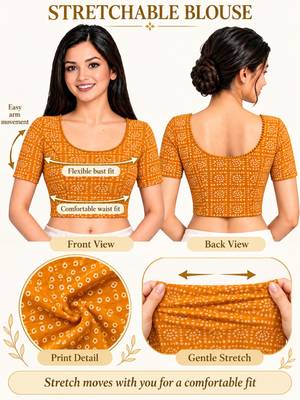 Orange cotton spandex bandhani printed stretchable readymade saree blouse 5