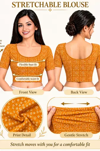 Orange cotton spandex bandhani printed stretchable readymade saree blouse