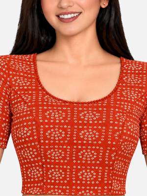 Orange cotton spandex bandhani printed stretchable readymade saree blouse 4