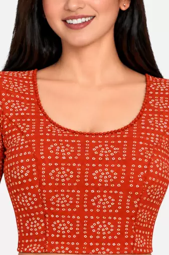 Orange cotton spandex bandhani printed stretchable readymade saree blouse
