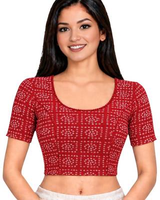Red cotton spandex bandhani printed stretchable readymade saree blouse 1