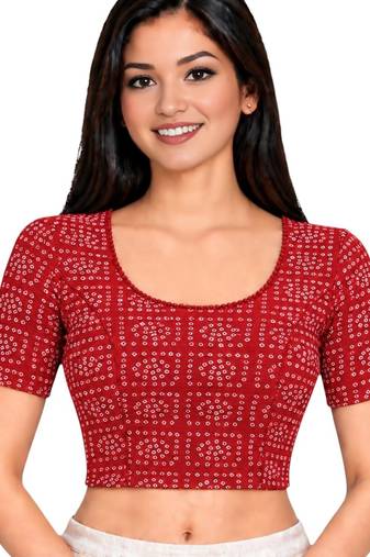 Red cotton spandex bandhani printed stretchable readymade saree blouse