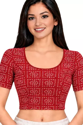 Red cotton spandex bandhani printed stretchable readymade saree blouse