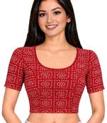 Red cotton spandex bandhani printed stretchable readymade saree blouse