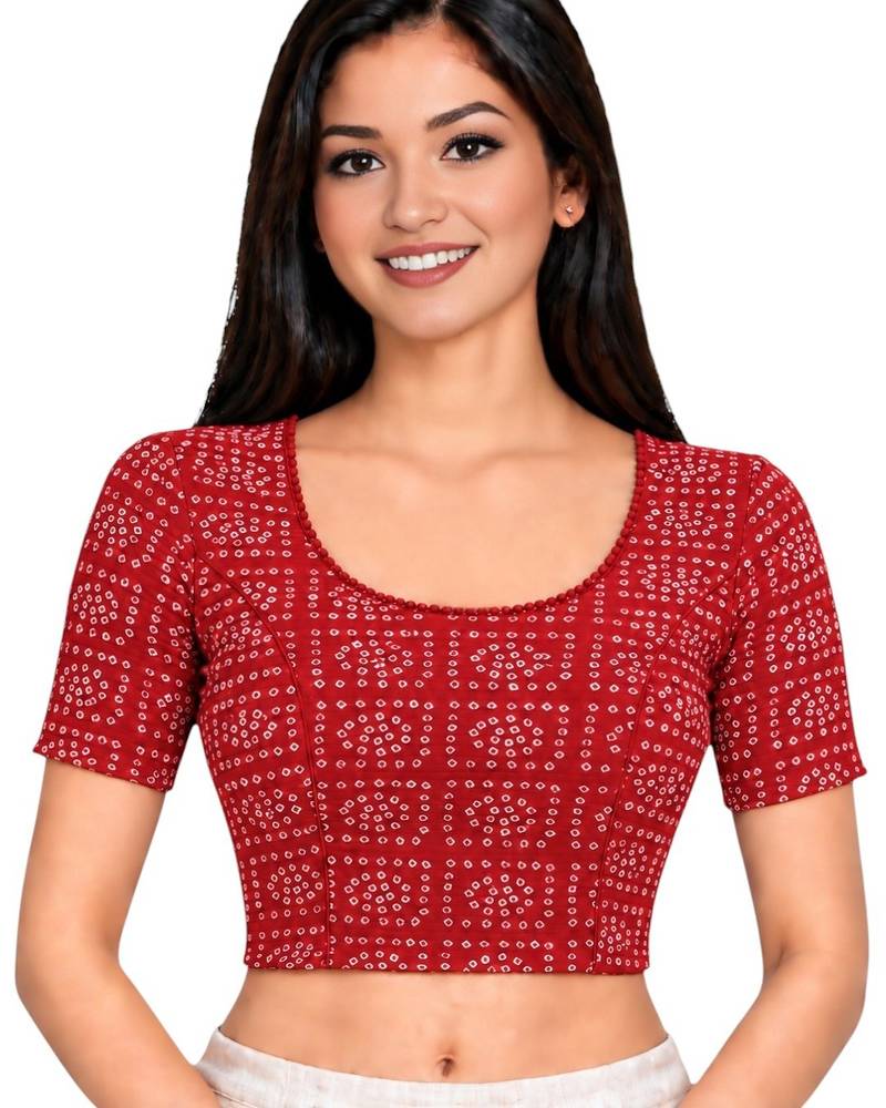 Red cotton spandex bandhani printed stretchable readymade saree blouse