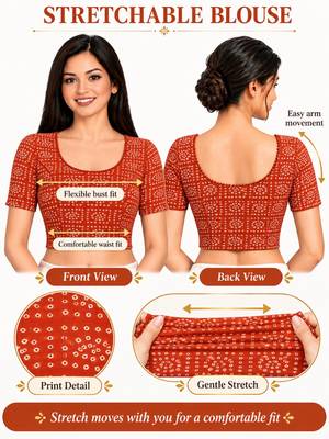 Orange cotton spandex bandhani printed stretchable readymade saree blouse 5