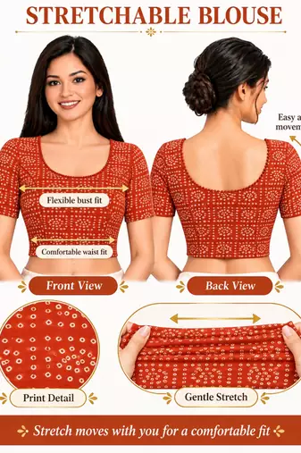 Orange cotton spandex bandhani printed stretchable readymade saree blouse