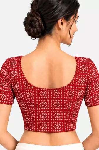 Red cotton spandex bandhani printed stretchable readymade saree blouse